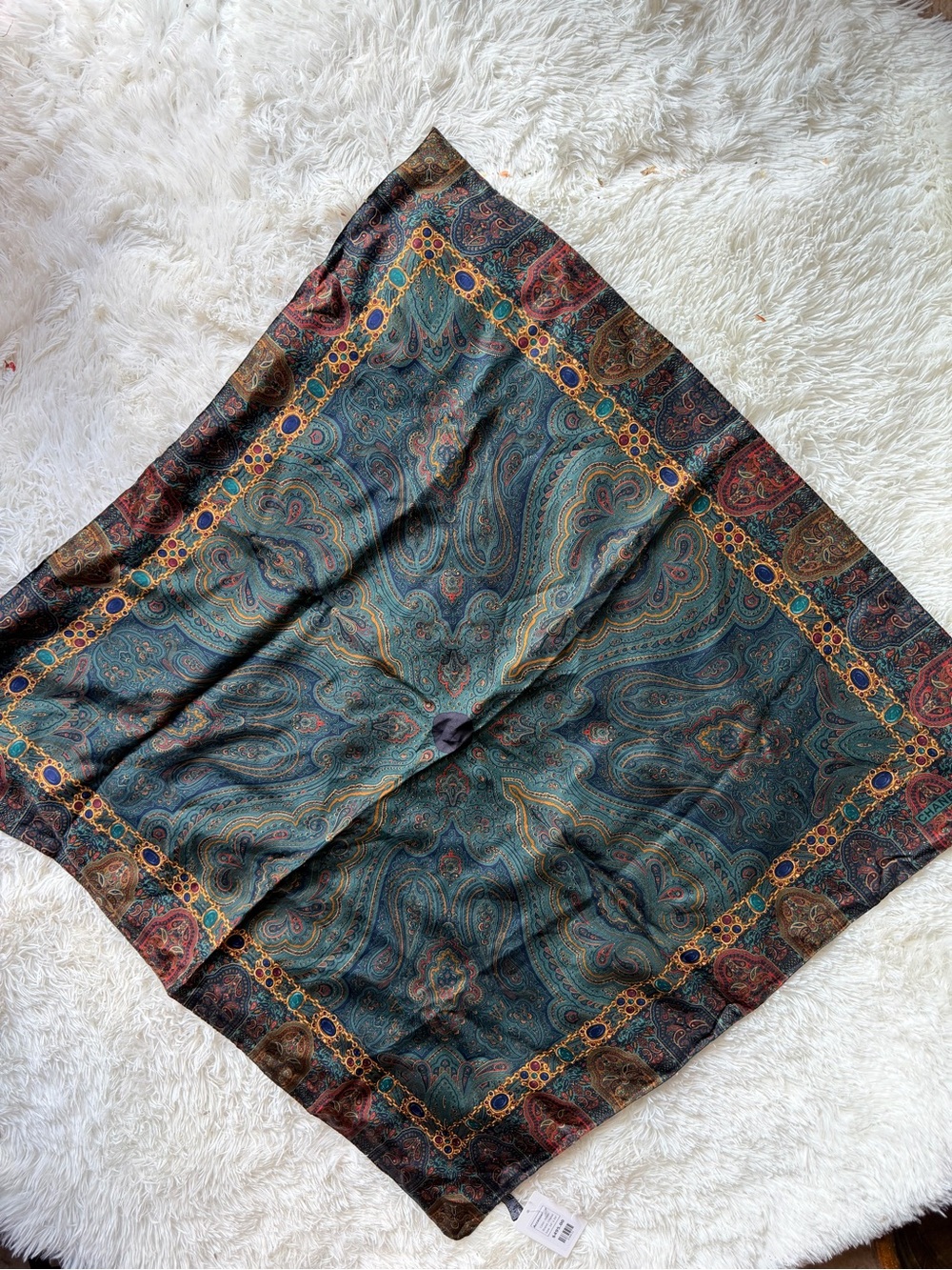 CHANEL Paisley Print Silk Scarf in Teal and Maroon